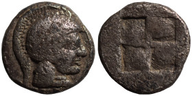 MACEDON, Akanthos. Circa 500-470 BC. Ar Diobol (silver, 1.19 g, 11 mm). Helmeted head of Athena right. Rev. Quadripartite incuse square. HGC 3, 389. N...