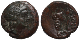 MOESIA. Dionysopolis. 2nd century BC. Ae (bronze, 3.92 g, 15 mm). Head of Dionysos right, wreathed with ivy. Rev. ΔΙΟN, bunch of grapes and thyrsus, E...