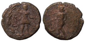 CARIA. Iasos. Ca. 250-190 BC. Ae (bronze, 3.54 g, 16 mm). Apollo standing left, holding bow and arrow; dolphin inleft field. Rev. Artemis advancing ri...