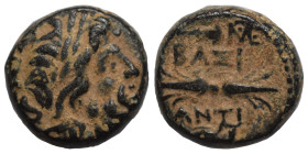 SELEUKID KINGS of SYRIA. Antiochos I Soter, 281-261 BC. Ae (bronze, 1.55 g, 10 mm), Antioch. Laureate head of Zeus right. Rev. BAΣΙ ANTI Thunderbolt; ...