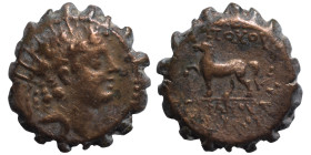 SELEUKID KINGS of SYRIA. Antiochos VI Dionysos. 144-142 BC. Ae Serrate (bronze, 3.18 g, 15 mm). Ptolemaïs (Ake) mint(?). Radiate and diademed head rig...