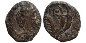 NABATAEA. Aretas IV, 9 BC-AD 40. Ae (bronze, 1.48 g, 13 mm). Laureate head of Aretas IV to right. Rev. Double cornucopiae; to left, palm frond. Meshor...