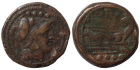 Anonymous. Rome, after 211 BC. Ae Triens (bronze, 12.50 g, 26 mm). Helmeted head of Minerva to right; •••• (mark of value) above. Rev. Prow of galley ...