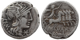 M. Aburius M.f. Geminus, 132 BC. Denarius (silver, 3.81 g, 19 mm), Rome. Head of Roma to right, wearing winged helmet; behind, GEM; before, star. Rev....
