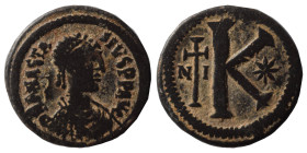 Anastasius I, 491-518. Half Follis (bronze, 4.35 g, 19 mm), Nicomedia. D N ANASTASIVS P P AVG Diademed, draped and cuirassed bust right. Rev: Large K;...