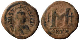 Anastasius, 491-518., Follis, (bronze, 17.64 g, 32 mm). D N ANASTASIVS PP AVG Diademed bust right, cross above. Rev. Large M between two crosses, cros...