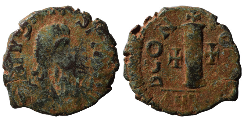 Justin I, 518-527. Dekanummium (bronze, 3.19 g, 21 mm), Antioch. D N IVSTINVS P ...