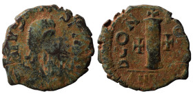 Justin I, 518-527. Dekanummium (bronze, 3.19 g, 21 mm), Antioch. D N IVSTINVS P P AVG Diademed, draped and cuirassed bust of Justin I to right. Rev. B...