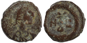 Justin I, 518-527. Pentanummium (bronze, 1.03 g, 10 mm), Antioch. D N IVSTINVS P AVG Pearl-diademed, draped and cuirassed bust to right. Rev. Monogram...