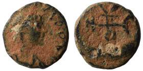 Justin I, 518-527. Pentanummium (bronze, 0.65 g, 9 mm), Antioch. D N IVSTINVS P AVG Pearl-diademed, draped and cuirassed bust to right. Rev. Monogram....