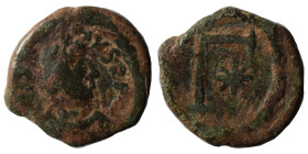 Justin I, 518-527. 3 Nummi (bronze, 1.15 g, 13 mm), Thessalonica. Diademed, draped, and cuirassed bust right. Rev. Large Γ; star to right. DOC 26; MIB...