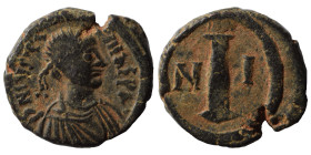 Justinian I, 527-565. Dekanummium (bronze, 3.61 g, 17 mm), Constantinople. Diademed and draped bust right. Rev. Large I, across field N – I. MIBE 110;...