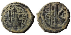 Justinian I, 527-565. Half follis (bronze, 10.19 g, 25 mm), Theoupolis (Antioch). DN IVSTINIANVS PP AVG Justinian seated facing, holding long scepter ...