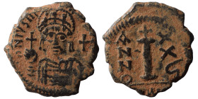 Justinian I, 527-565. Dekanummium (bronze, 5.49 g, 23 mm), Theoupolis (Antioch). D N IVST[INIANVS P P AV] Crowned and helmeted bust of Justinian I fac...