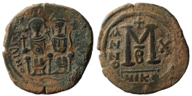 Justin II, with Sophia, 565-578. Half Follis (bronze, 12.98 g, 31 mm), Nicomedia. Justin, holding globus cruciger, and Sophia, holding cruciform scept...