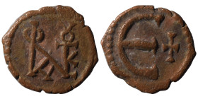 Justin II, 565-578. Pentanummium (bronze, 1.60 g, 15 mm), Theoupolis (Antioch). Monogram of Justin II. Rev. Large Є, cross to right. SB 386. Good very...