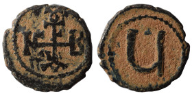 Maurice Tiberius, 582-602. Pentanummium (bronze, 1.97 g, 15 mm), Theoupolis (Antioch). Monogram (60) of Maurice Tiberius. Rev. Large Ч; above, cross. ...