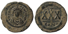 Tiberius II Constantine, 578-582. 3/4 Follis or 30 Nummi (bronze, 12.38 g, 33 mm), Constantinople, struck 579-582. d M TIЬ CONS-TANT P P AVI Crowned, ...