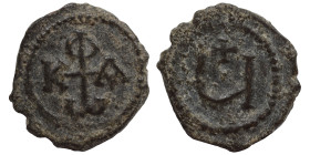 Phocas, 602-610. Pentanummium (bronze, 1.41 g, 15 mm), Antioch. Monogram of Phocas. Rev. Large Ч; above, cross. DOC -. MIB N89; SB 676A var (Є not Ч)....