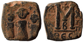 Heraclius, with Martina and Heraclius Constantine. 610-641. Follis (bronze, 7.78 g, 20x20 mm), Thessalonica. Heraclius, Heraclius Constantine, and Mar...