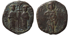 Constantine X Ducas, with Eudocia, 1059-1067. Follis (bronze, 7.54 g, 25 mm), Constantinople. +ЄΜΜΑΝΟVHΛ Christ Emmanuel standing facing on footstool,...