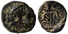 Barbaric imitation of Roman follis, cca. 5th century. Ae (bronze, 0.86 g, 12 mm). Radiate head right. Rev. Victory. Nearly very fine.