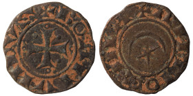 CRUSADERS. Principality of Antioch. Bohémond III, 1163-1201. Fractional Denier (bronze, 1.00 g, 17 mm). +ANTIOCHIA Crescent above six-pointed star. Re...
