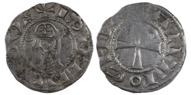 CRUSADERS. Antioch. Bohémond III, 1163-1201. Denier (silver, 1.01 g, 17 mm). +BOAMVNDVS Helmeted head of a knight to left flanked by crescent and five...