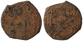 Danishmendids (?), cca 12/13th cent. Ae dirham (bronze. 4.33 g, 24 mm). Christ seated facing on square back throne. Rev. Blundered Arabic legend. Good...