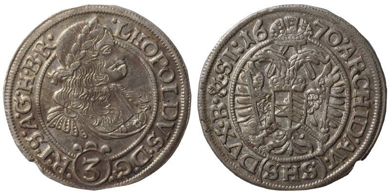 AUSTRIA. Holy Roman Empire. Habsburg. Leopold I, 1658-1705. 3 Kreuzer (silver, 1...