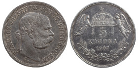 Austro-Hungarian. Franz Joseph I, 1848-1916. 5 Korona (silver, 23.95 g, 36 mm). Kremnitz, 1907. Huszár 2201. Very fine.