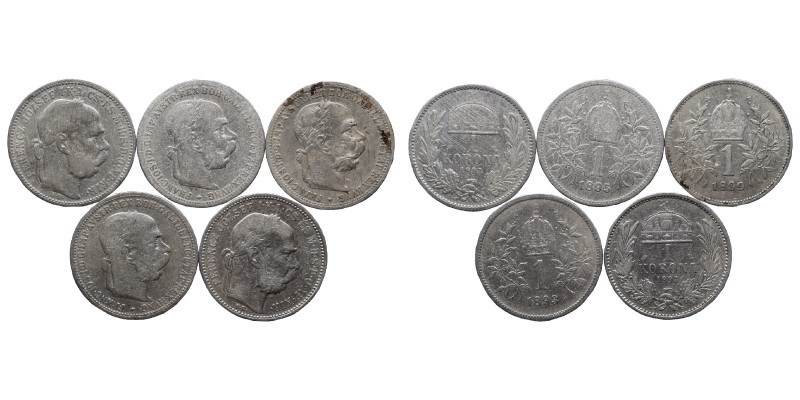 5x Austro-Hungarian, 1 Korona (silver, 24.43 g), various years. Nearly very fine...