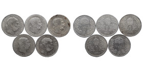 5x Austro-Hungarian, 1 Korona (silver, 24.43 g), various years. Nearly very fine.