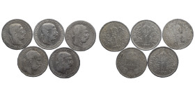 5x Austro-Hungarian, 1 Korona (silver, 24.30 g), various years. Nearly very fine.