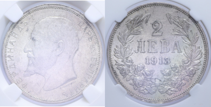 BULGARIA FERDINAND I 2 LEVA 1913 AG. 10 GR. AU55 (CLASSICAL COIN GRADING AA95492...