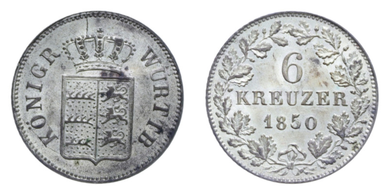 GERMANIA WURTTEMBERG WILHELM I 6 KREUZER 1850 MI. 2,50 GR. qFDC
