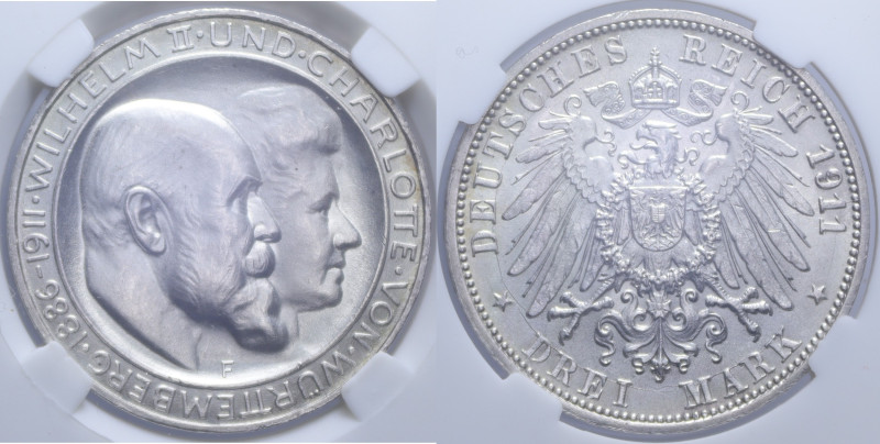 GERMANIA WURTTEMBERG WILHELM II 3 MARK 1911 F AG. 16,50 GR. MS64 (CLASSICAL COIN...