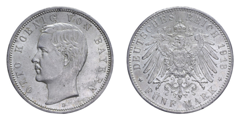 GERMANIA BAVARIA OTTO 5 MARK 1913 D AG. 27,78 GR. SPL/SPL+