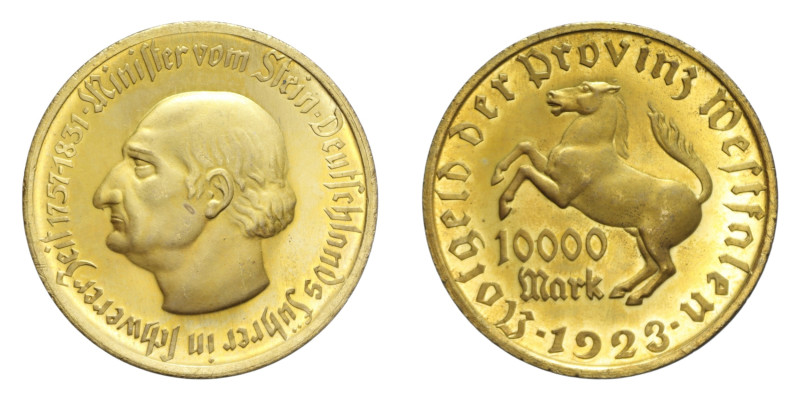 GERMANIA WESTFALIA NOTGELD 10000 MARCHI 1923 CU. DORATO 32,14 GR. CON SCATOLA FD...