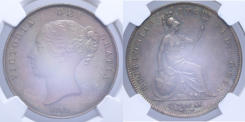 GRAN BRETAGNA VICTORIA PENNY 1854 ORNAMENTAL TRIDENT CU. MS62BN (SIGILLATA NGC 2...