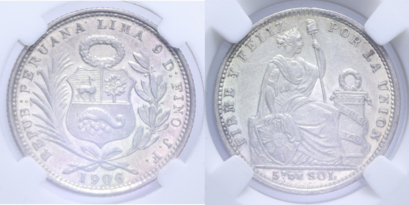 PERU' 1/2 SOL 1906 AG. 5 GR. MS 60 (CLASSICAL COIN GRADING AA220244)