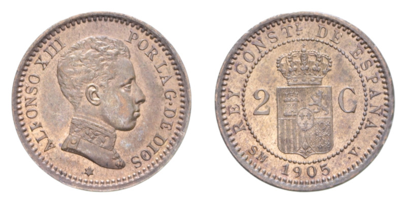 SPAGNA ALFONSO XIII 2 CENT. 1905 CU. 1,92 GR. FDC
