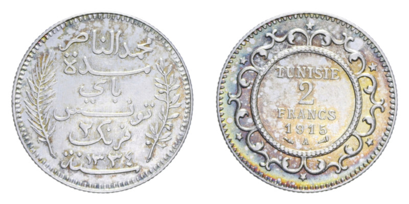 TUNISIA 2 FRANCS 1915 AG. 10 GR. qSPL (SEGNETTI)