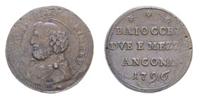 ANCONA PIO VI (1775-1799) DUE BAIOCCHI E MEZZO 1796 SAMPIETRINO CU. 17,45 GR. BB+