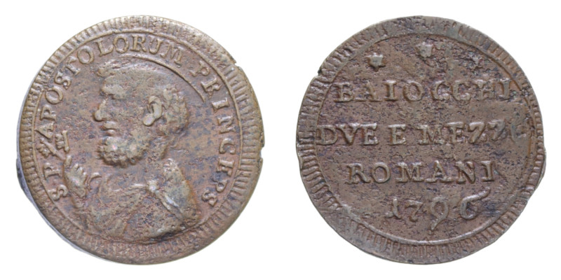 ROMA PIO VI (1775-1799) DUE BAIOCCHI E MEZZO 1796 SAMPIETRINO CU. 17,15 GR. BB+