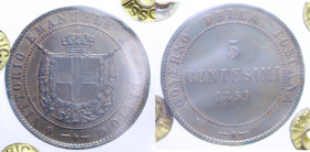 VITT. EMANUELE II (1849-1861) 5 CENT. 1859 BIRMINGHAM CU. 5 GR. SPL+ (SIGILLATA ROSSI)