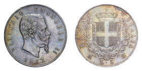 VITT. EMANUELE II (1861-1878) 5 LIRE 1872 MILANO AG. 24,90 GR. qSPL (PATINATA)