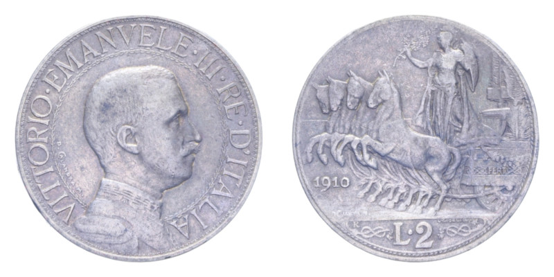 VITT. EMANUELE III (1900-1943) 2 LIRE 1910 QUADRIGA VELOCE R AG. 9,96 GR. BB+ (P...