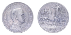 VITT. EMANUELE III (1900-1943) 2 LIRE 1910 QUADRIGA VELOCE R AG. 9,96 GR. BB+ (PATINATA)