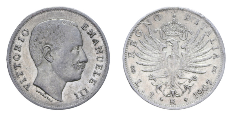 VITT. EMANUELE III (1900-1943) 1 LIRA 1907 AQUILA SABAUDA AG. 5,04 GR. BB-SPL